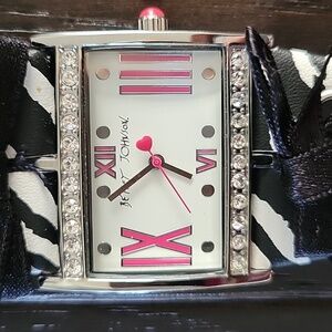 Betsey Johnson Zebra Stripe Watch with Pink Roman Numerals